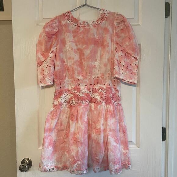 LoveShackFancy Divine Bloom Embroidery Mini Dress  in Pink Tye Dye Size 10 - Picture 2 of 15
